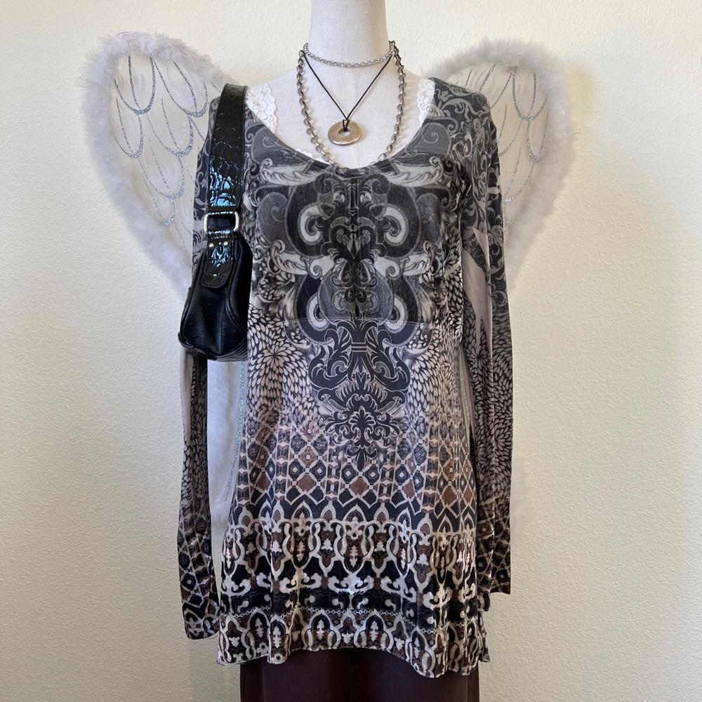 Dark Romantic Boho Fairy Grunge Long‎ Sleeve Tunic Top Gray Black Damask Velvet